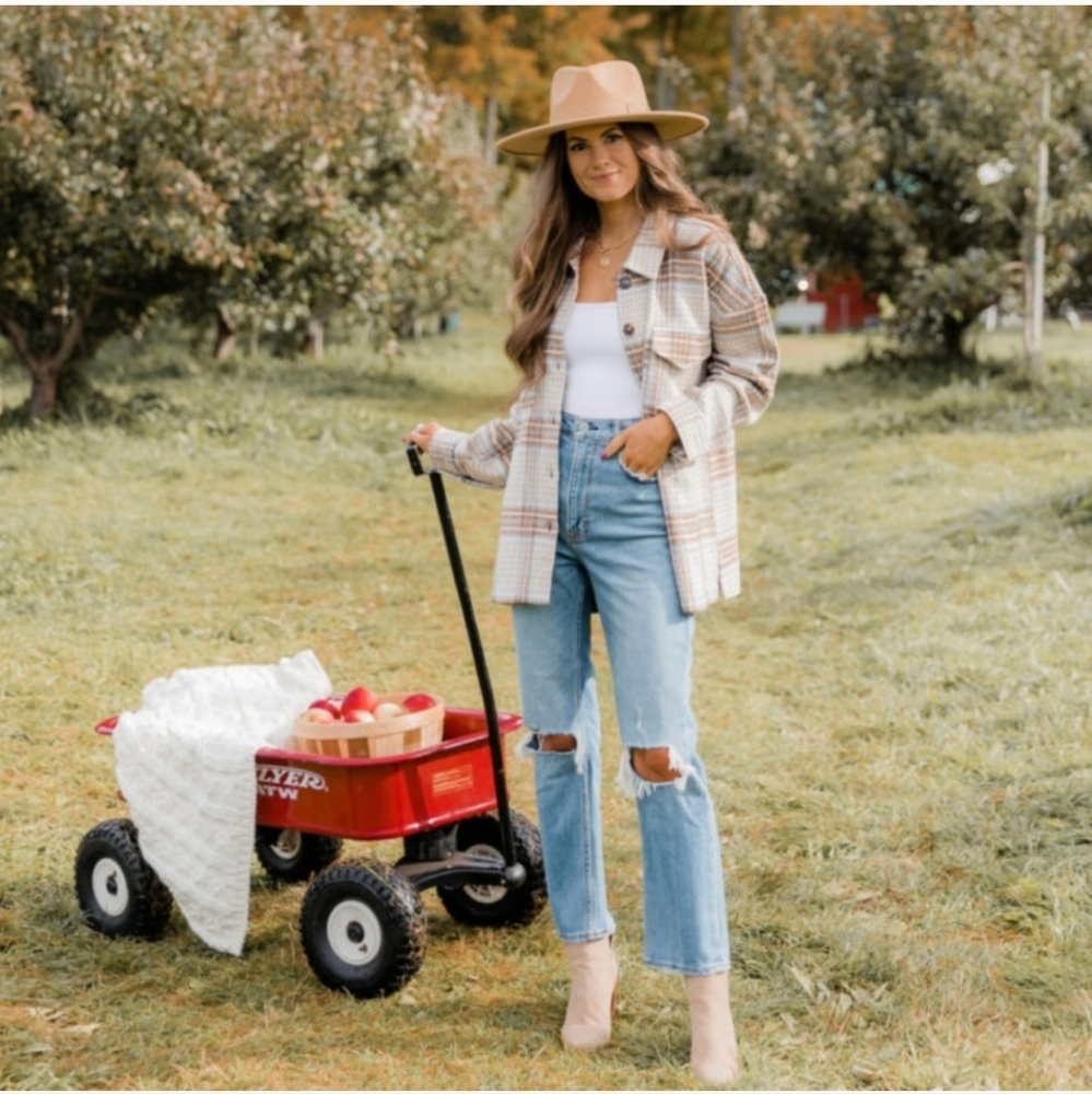 CAITLIN COVINGTON X PINK LILY The Chloe Oversized Beige Plaid Shacket